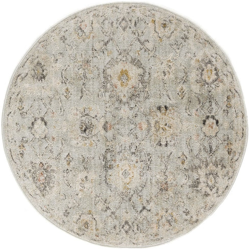8' Black Mint Green And Ivory Floral Distressed Round Rug