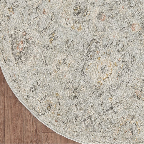 8' Black Mint Green And Ivory Floral Distressed Round Rug