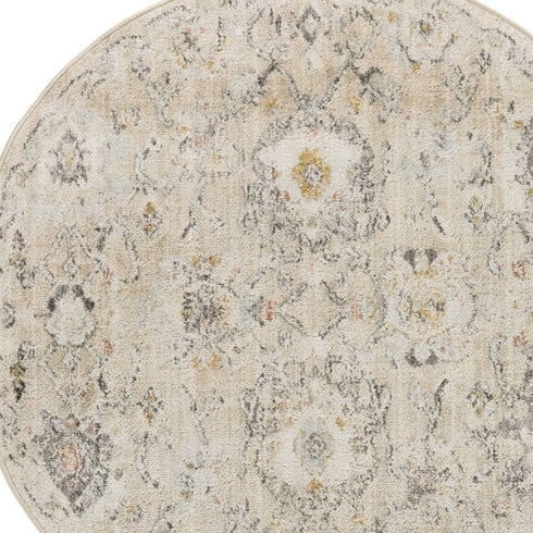 8' Cream Black And Yellow Floral Distressed Round Rug