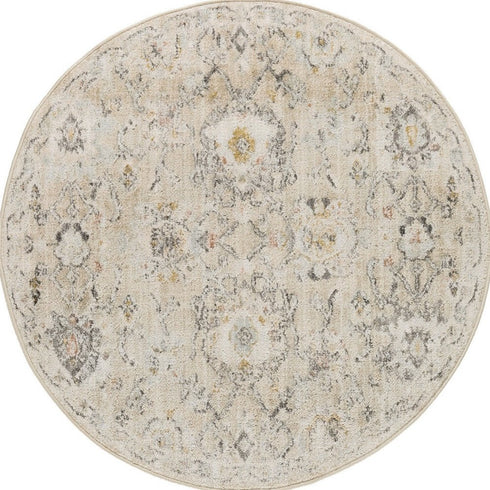 8' Cream Black And Yellow Floral Distressed Round Rug