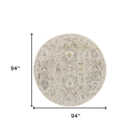 8' Cream Black And Yellow Floral Distressed Round Rug