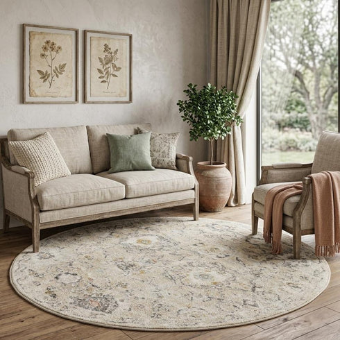 8' Cream Black And Yellow Floral Distressed Round Rug