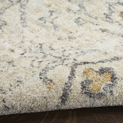8' Cream Black And Yellow Floral Distressed Round Rug