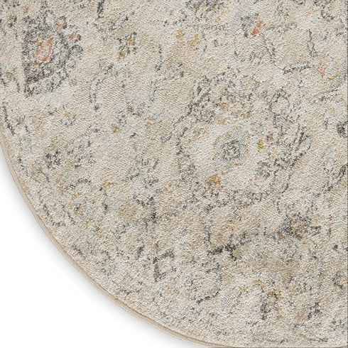 8' Cream Black And Yellow Floral Distressed Round Rug