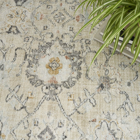 8' Cream Black And Yellow Floral Distressed Round Rug