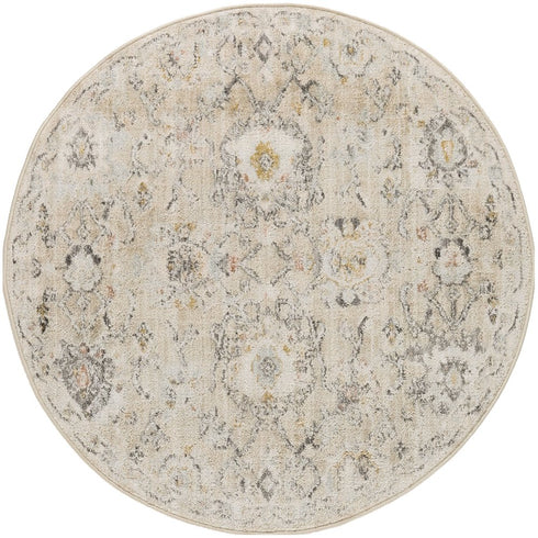8' Cream Black And Yellow Floral Distressed Round Rug