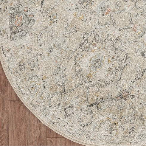 8' Cream Black And Yellow Floral Distressed Round Rug