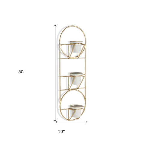 Gold And White Metal 10 Ounce Oval Wall Planter
