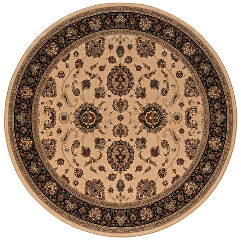 6' Ivory And Black Oriental Round Rug