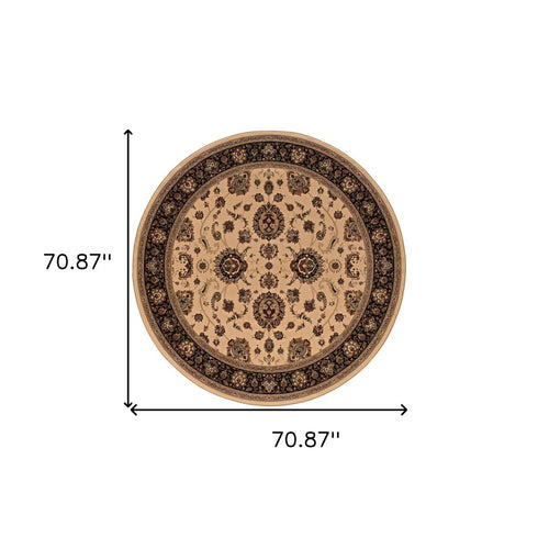 6' Ivory And Black Oriental Round Rug