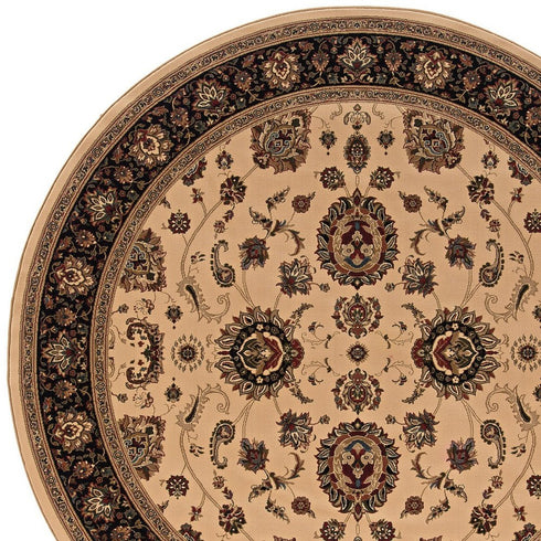 6' Ivory And Black Oriental Round Rug