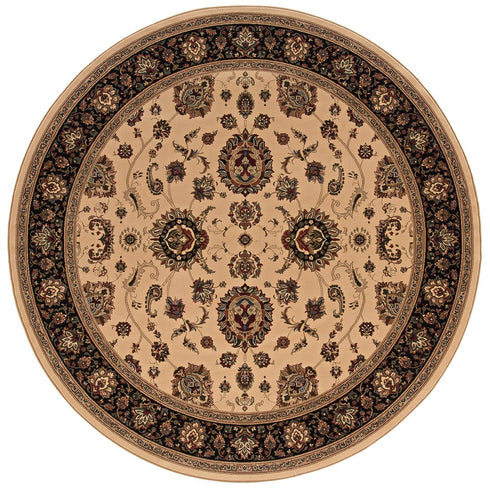 6' Ivory And Black Oriental Round Rug