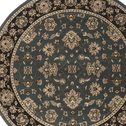 8' Blue And Black Floral Round Rug