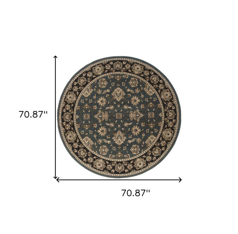 8' Blue And Black Floral Round Rug
