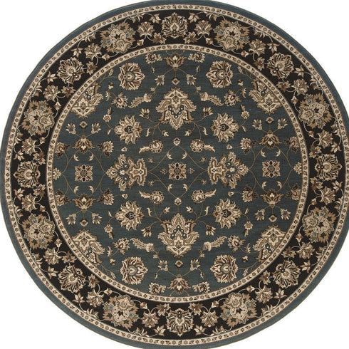 8' Blue And Black Floral Round Rug