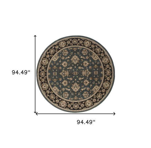 8' Blue And Black Floral Round Rug