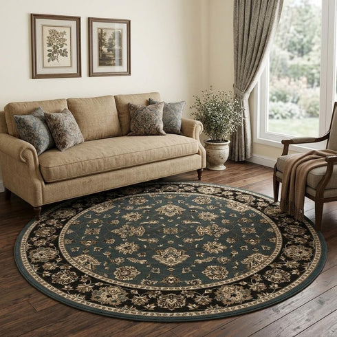 8' Blue And Black Floral Round Rug