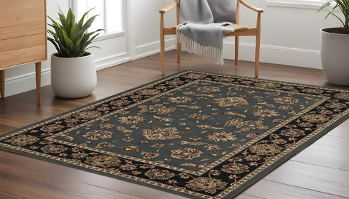 8' Blue And Black Floral Round Rug