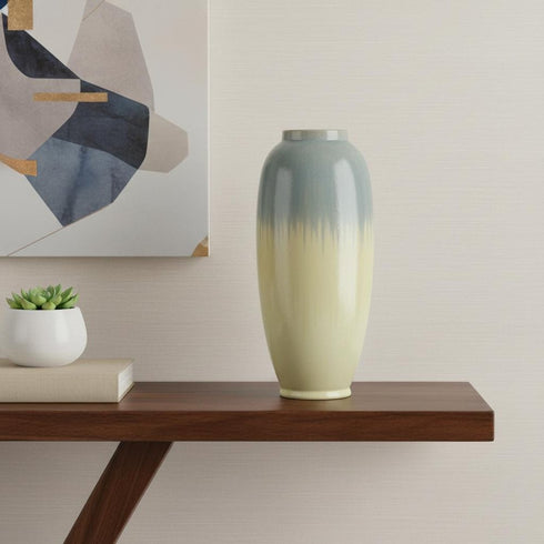 16" Blue And Cream Reactive Glaze Ceramic Cylinder Table Vase
