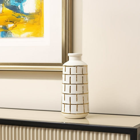 12" Ivory And Gold Geometric Cylindrical Ceramic Table Vase