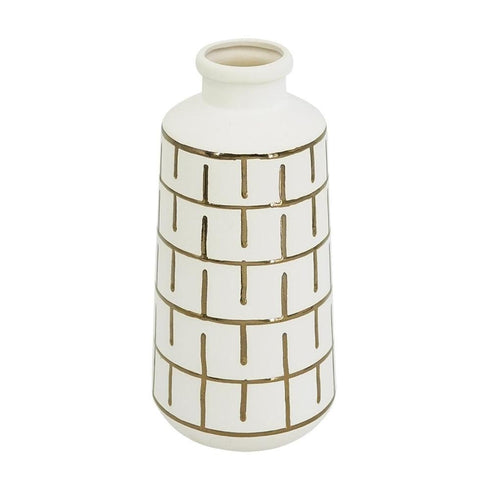 12" Ivory And Gold Geometric Cylindrical Ceramic Table Vase