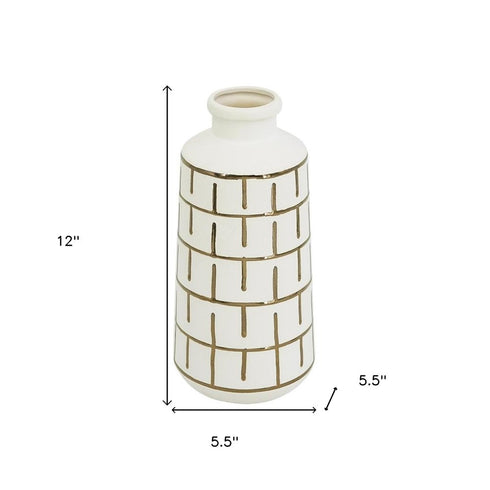 12" Ivory And Gold Geometric Cylindrical Ceramic Table Vase