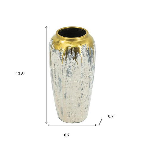 14" Gray Ivory And Gold Modern Abstract Ceramic Table Vase