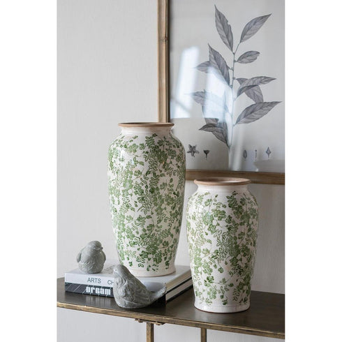 15" Green And White Leaf Ceramic Trumpet Table Vase
