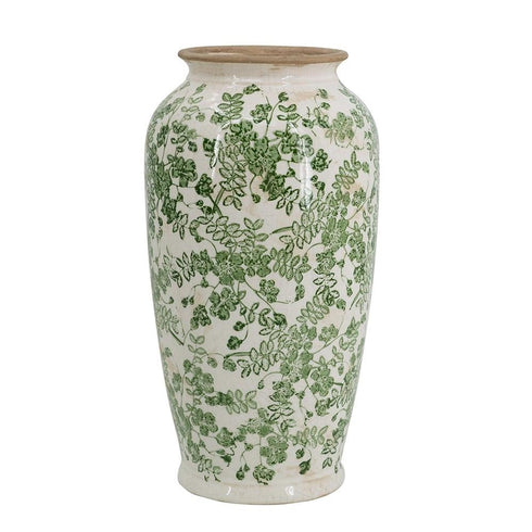 15" Green And White Leaf Ceramic Trumpet Table Vase
