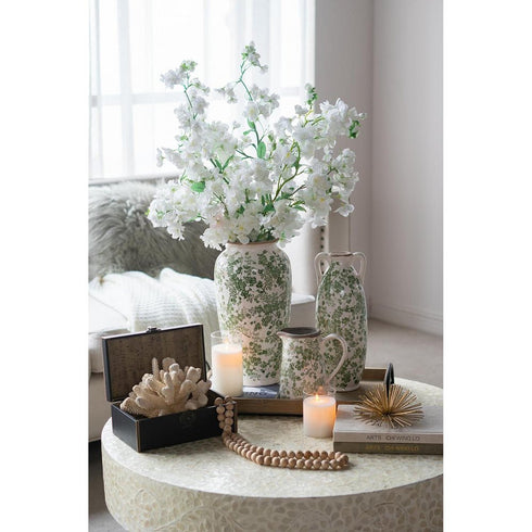 15" Green And White Leaf Ceramic Trumpet Table Vase