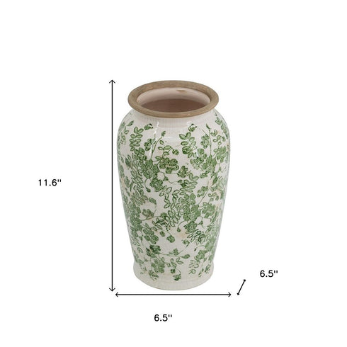 12" Green And White Leaf Ceramic Round Table Vase