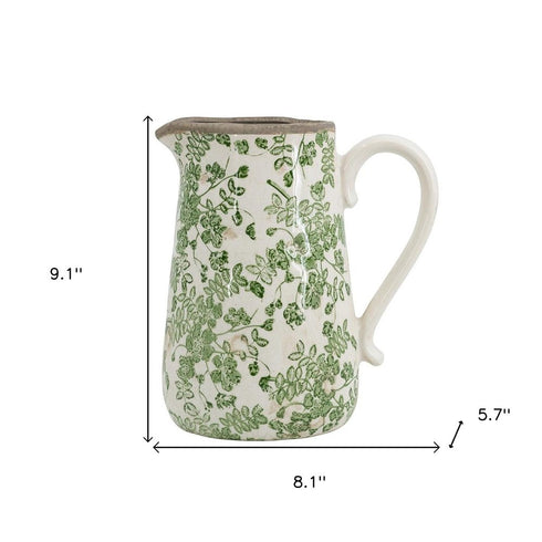 9" Green And White Leaf Ceramic Round Jug Vase