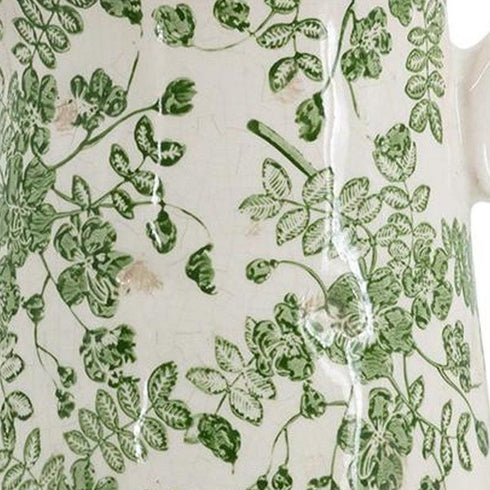 9" Green And White Leaf Ceramic Round Jug Vase