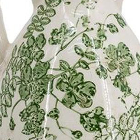 14" Green And White Leaf Ceramic Amphora Table Vase