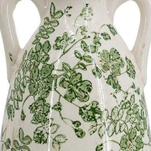 14" Green And White Leaf Ceramic Amphora Table Vase