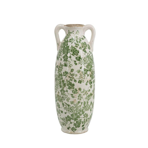 14" Green And White Leaf Ceramic Amphora Table Vase