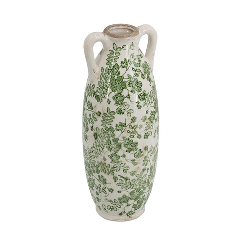 14" Green And White Leaf Ceramic Amphora Table Vase