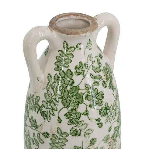 14" Green And White Leaf Ceramic Amphora Table Vase