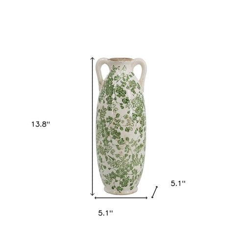 14" Green And White Leaf Ceramic Amphora Table Vase
