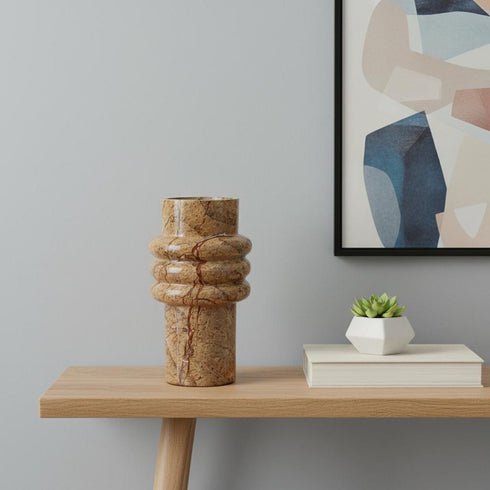 8" Brown Genuine Marble Ridged Table Vase