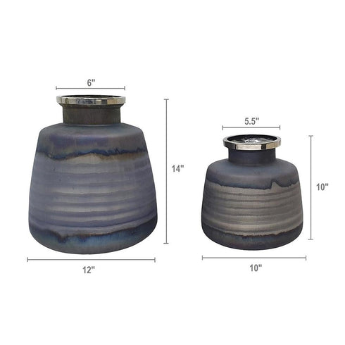 Set of Two Black And Gray Abstract Glass Round Table Vases