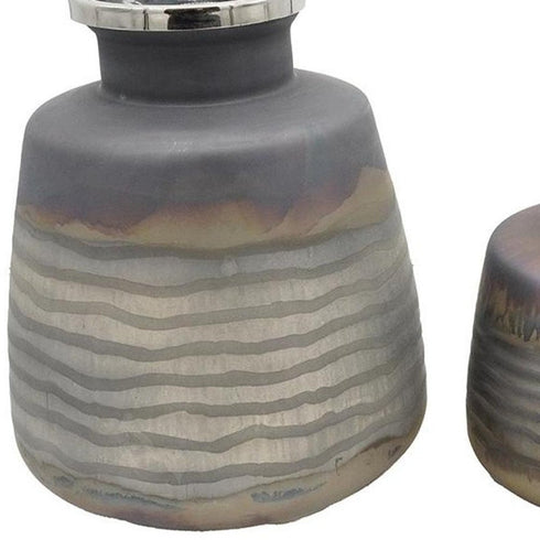 Set of Two Black And Gray Abstract Glass Round Table Vases