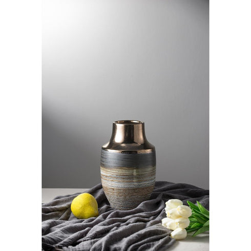 11" Brown and Bronze Striped Round Ceramic Table Vase With Does Not Apply