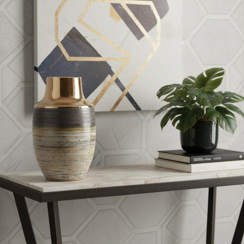 11" Brown and Bronze Striped Round Ceramic Table Vase With Does Not Apply