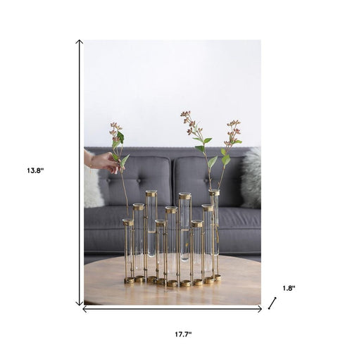 17" Bronze And Clear Enameled Cast Iron And Glass Nine Bloom Table Vase