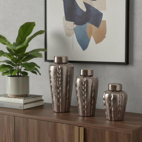 Set of Three Bronze And Silver Ceramic Urn Ginger Jars
