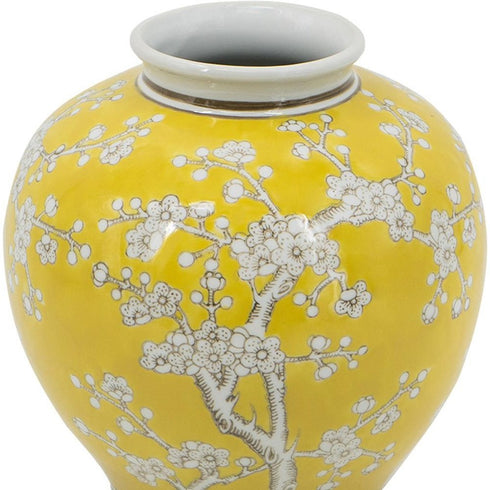 9" Yellow And White Chinoiserie Floral Porcelain Table Vase