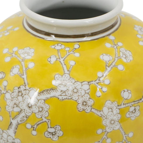9" Yellow And White Chinoiserie Floral Porcelain Table Vase