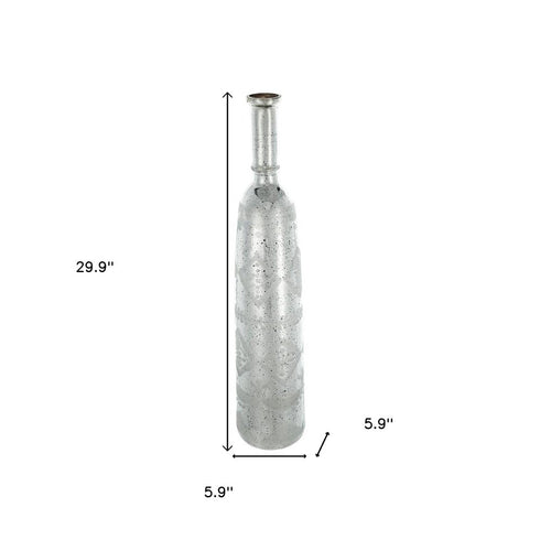 30" Antiqued Silver Floral Glass Bottle Table Vase