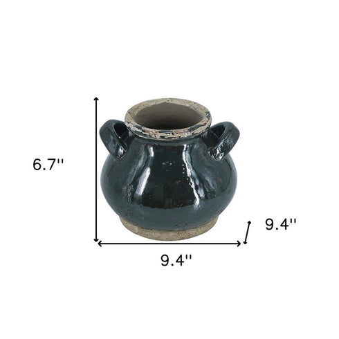7" Dark Green And Sand Terracotta Round Jug Vase